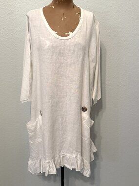 Heart's Desire Mary Grace White Linen Lace Ruffle Flutter Lagenlook Dress Medium